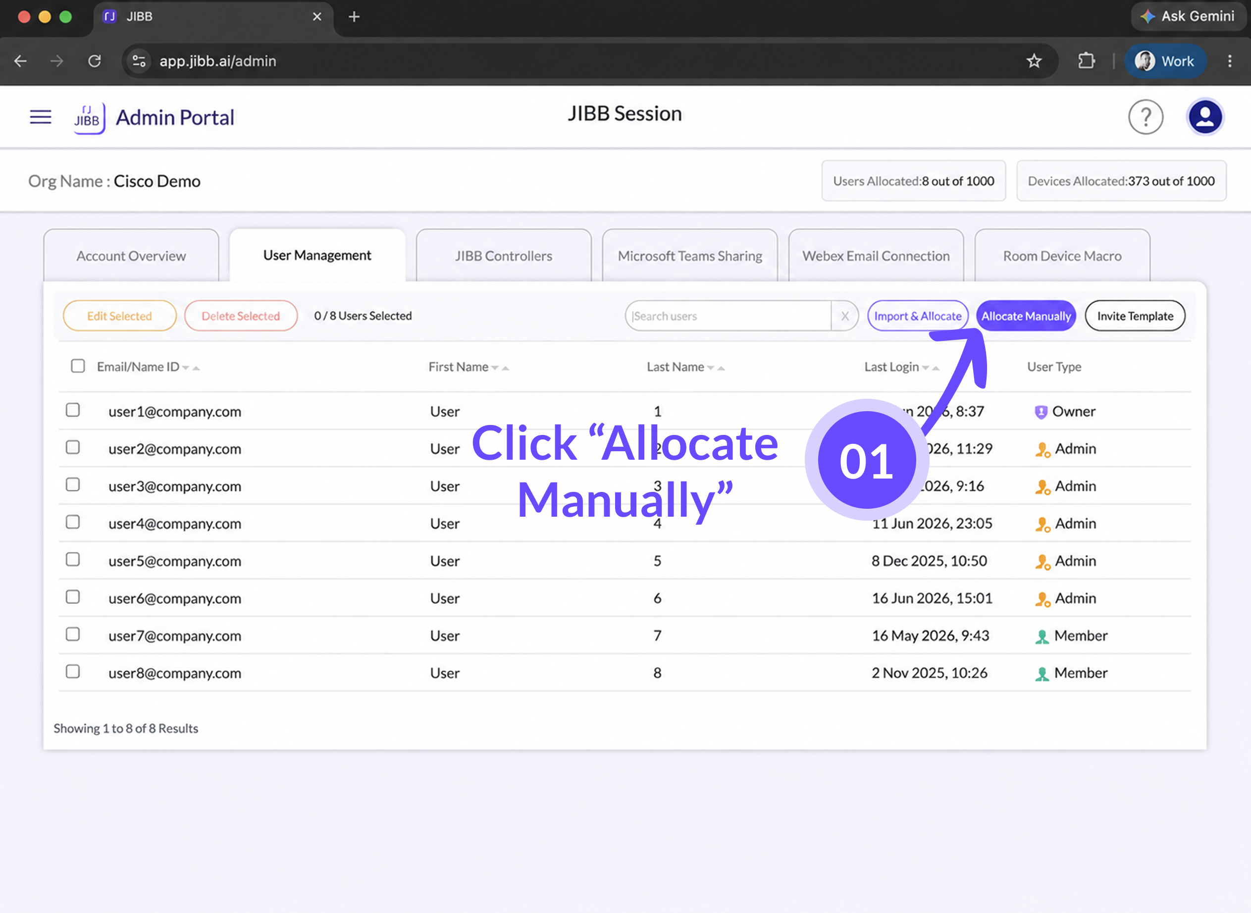 JIBB Admin Portal User Management tab with an annotation reading 'Click Allocate Manually' pointing at the Allocate Manually button.