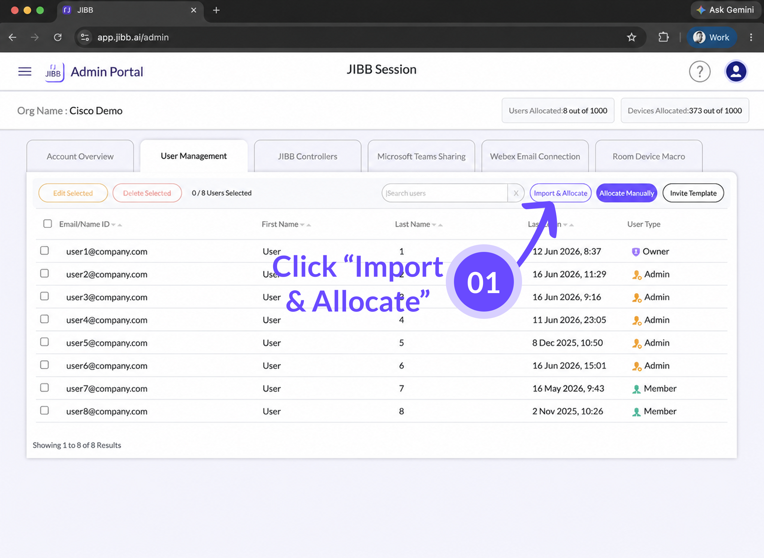 JIBB Admin Portal User Management tab with an annotation reading 'Click Import & Allocate' pointing at the Import & Allocate button.