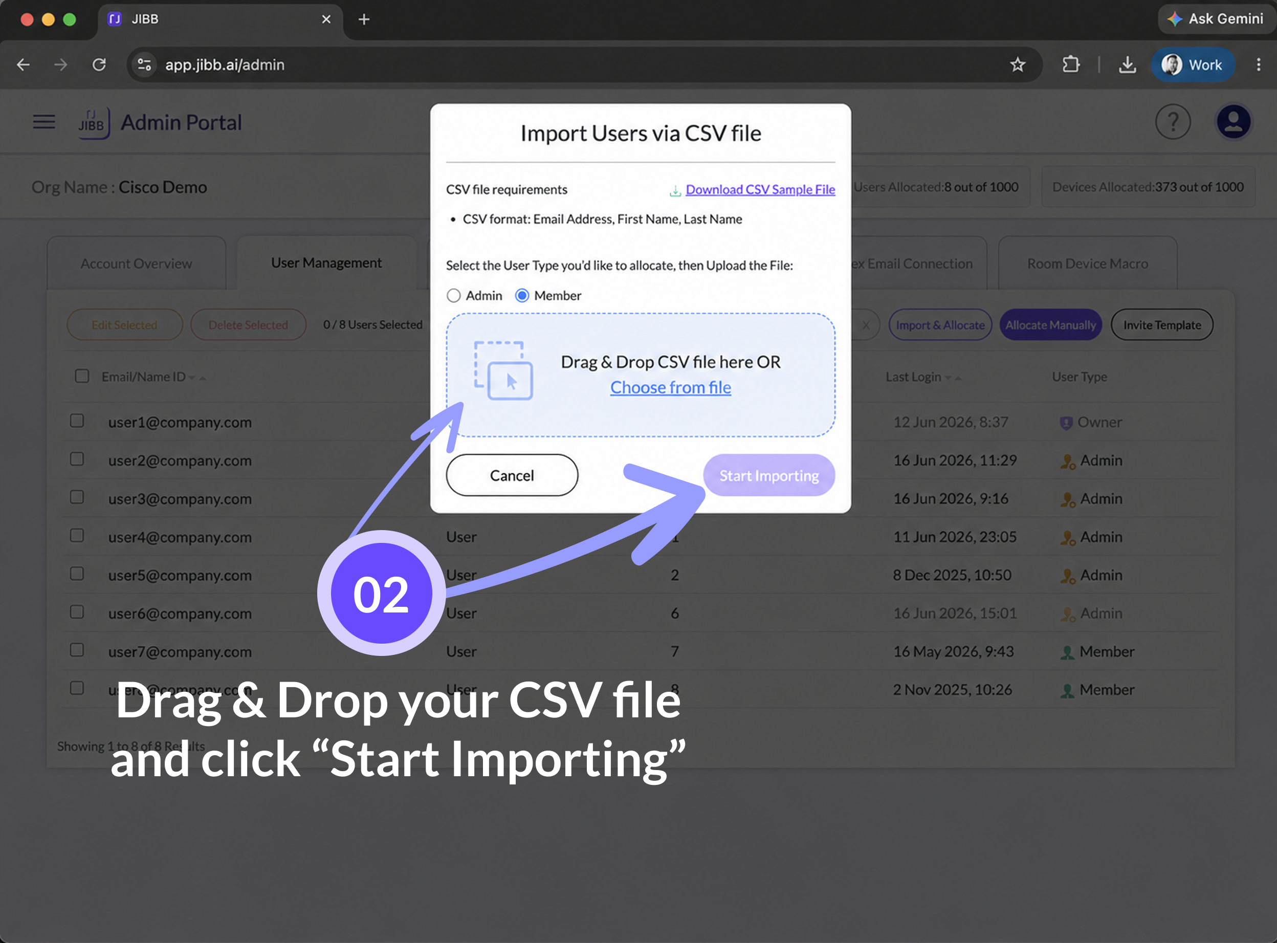 Import Users via CSV file popup with a drag-and-drop area, user type options, and an annotation reading 'Drag & Drop your CSV file and click Start Importing'.