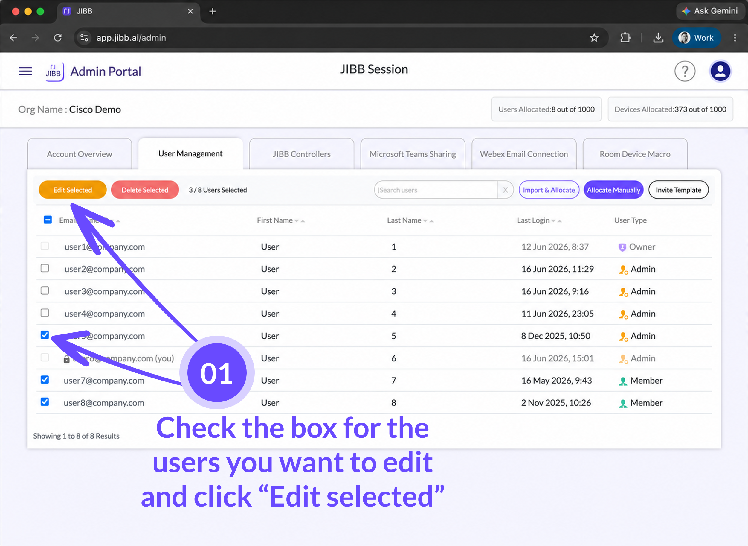 JIBB Admin Portal User Management table with two users selected via checkboxes and an annotation reading 'Check the box for the users you want to edit and click Edit selected'.