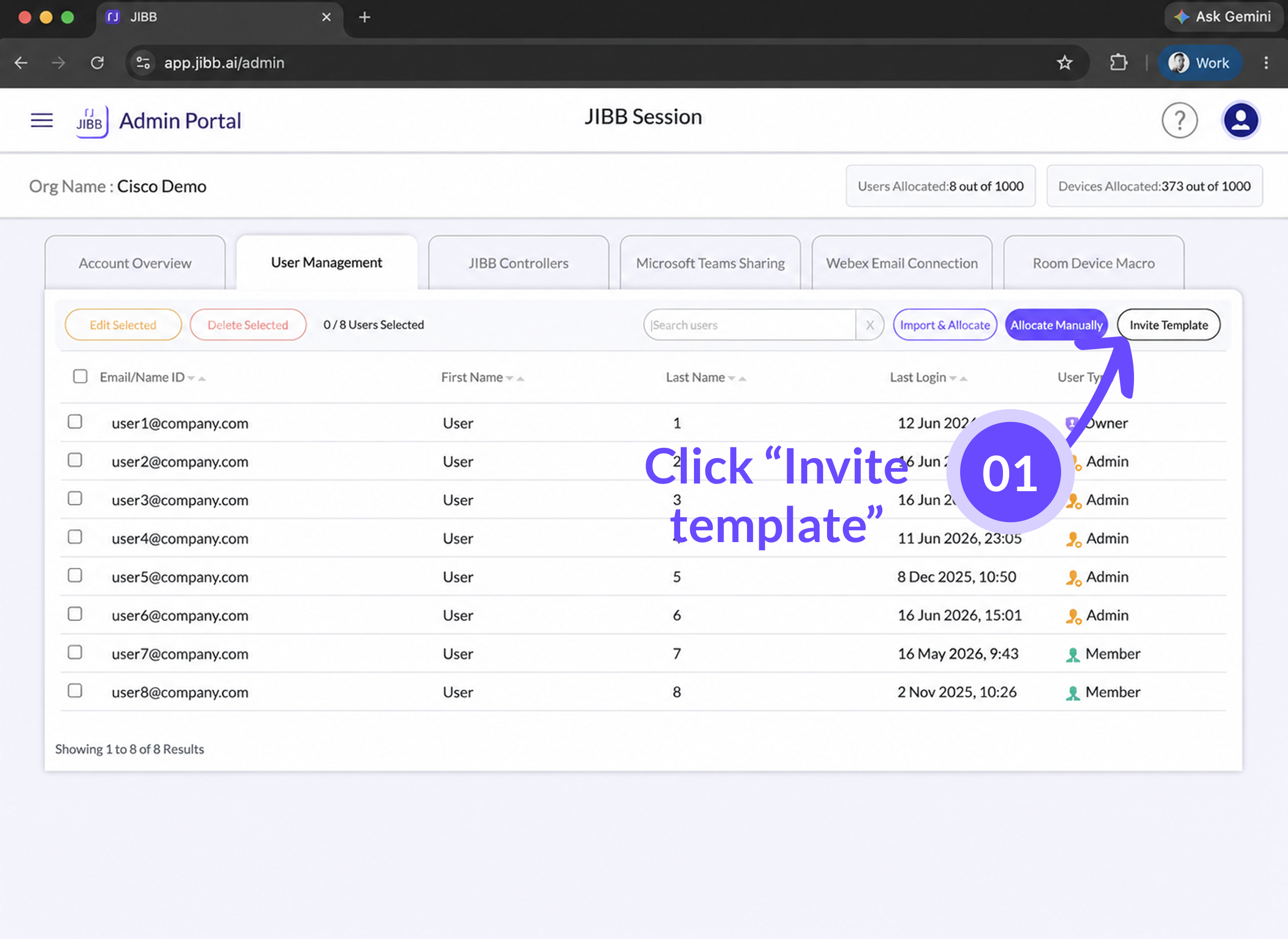 JIBB Admin Portal User Management tab with an annotation reading 'Click Invite template' pointing at the Invite Template button.