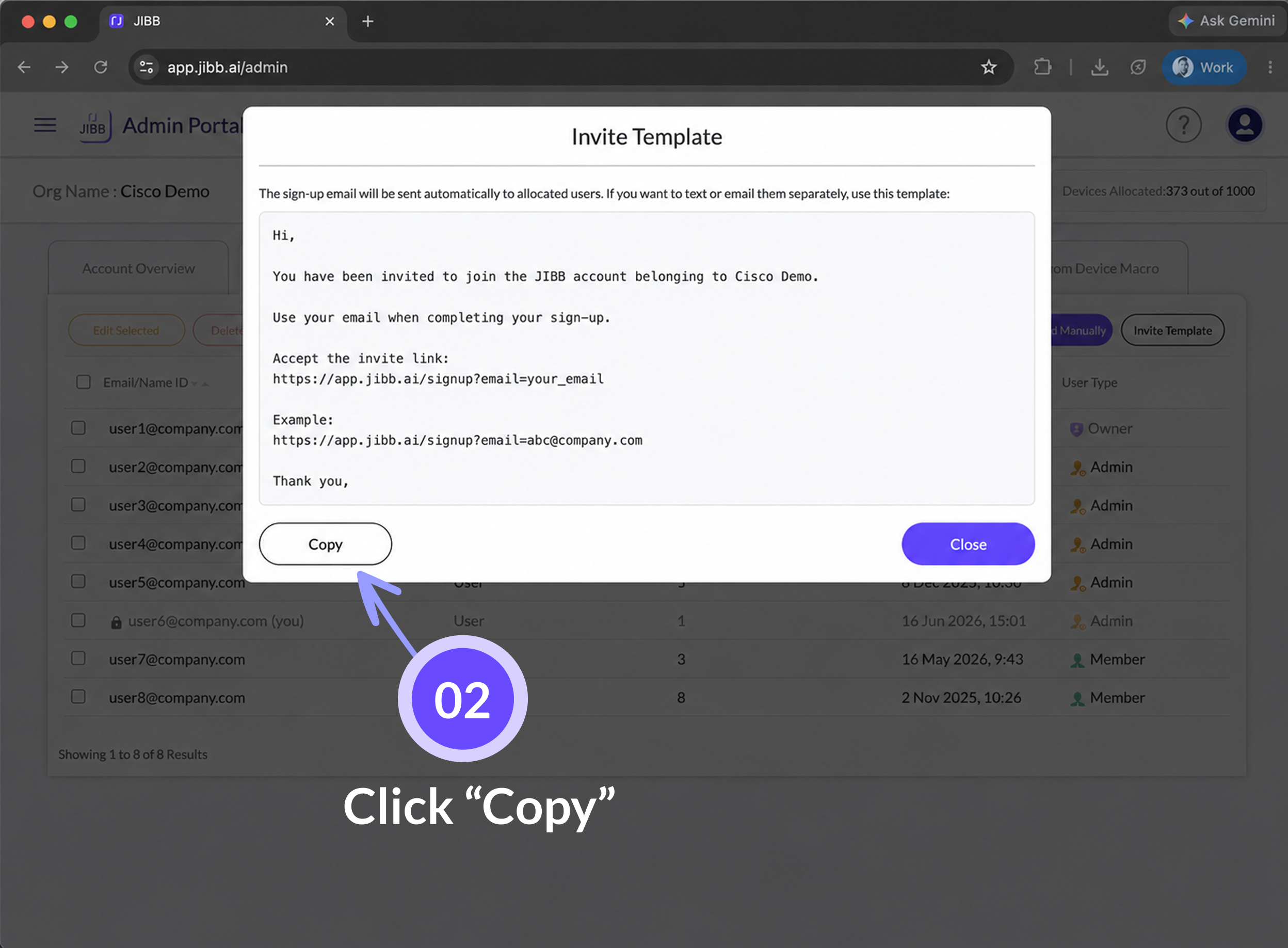 Invite Template popup showing the pre-written sign-up invite message and accept link, with an annotation reading 'Click Copy' pointing at the Copy button.