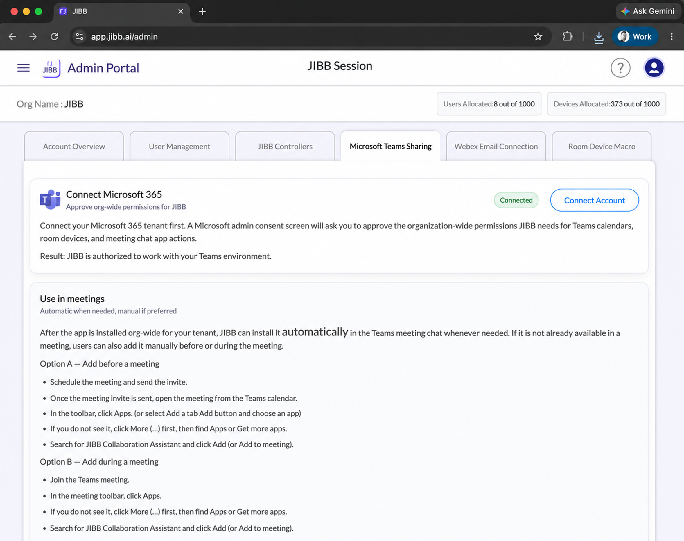 JIBB Admin Portal Microsoft Teams Sharing tab showing a Connect Microsoft 365 card with a Connected status and guidance on adding the JIBB Collaboration Assistant in meetings.