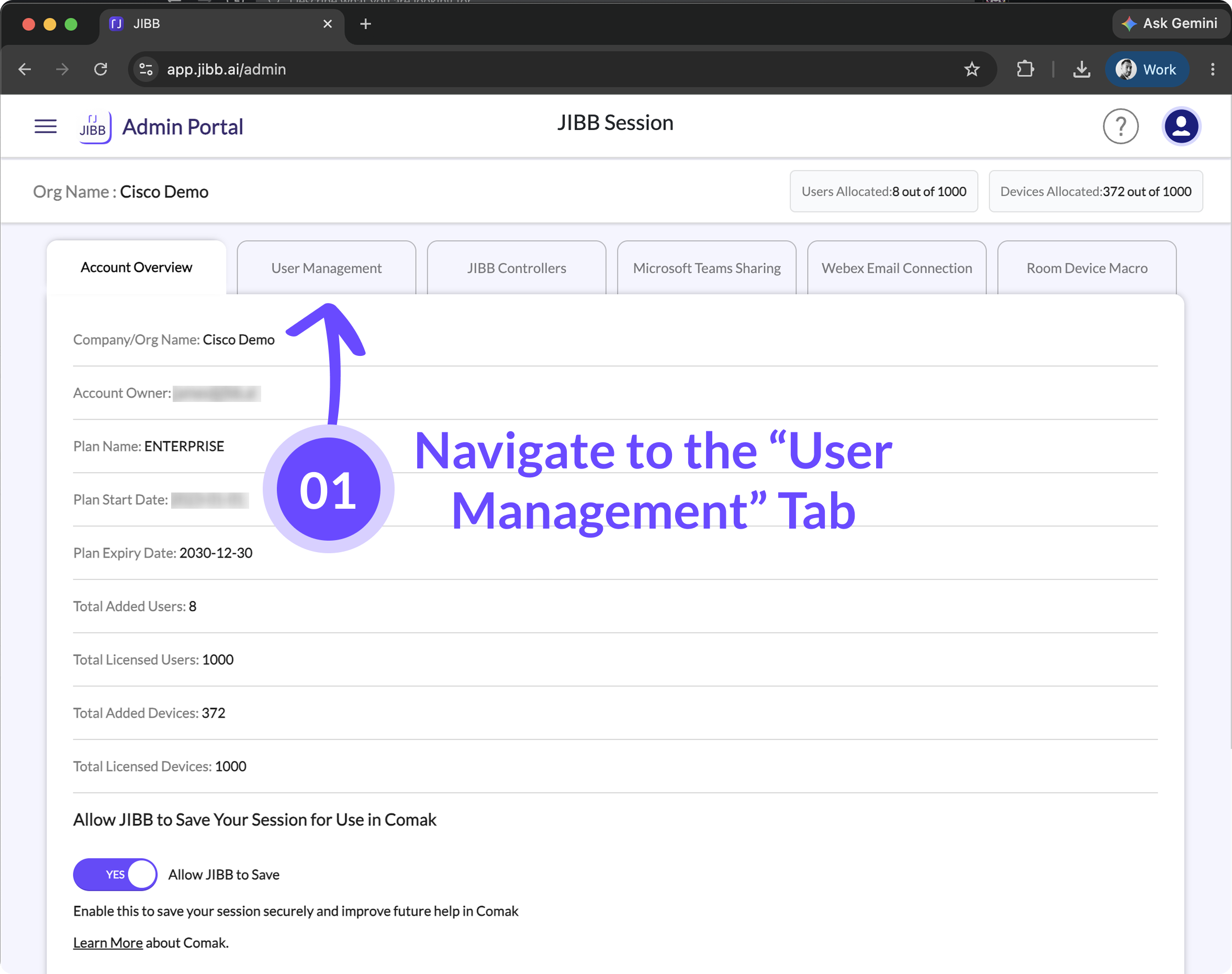 JIBB Admin Portal Account Overview tab with an annotation reading 'Navigate to the User Management Tab' pointing at the User Management tab.