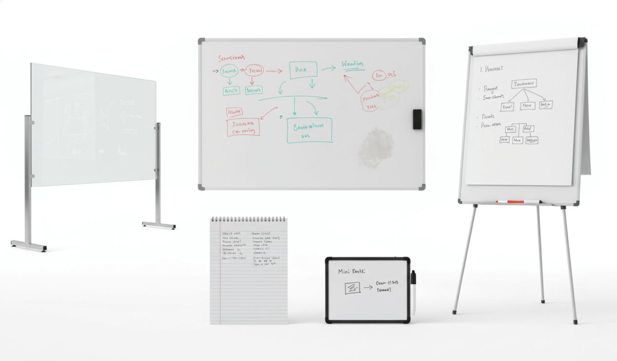 Various writing surfaces including a transparent glass board, a whiteboard with colorful flowchart, a tripod flip chart with handwritten notes, a lined notepad, and a small whiteboard with a marker.