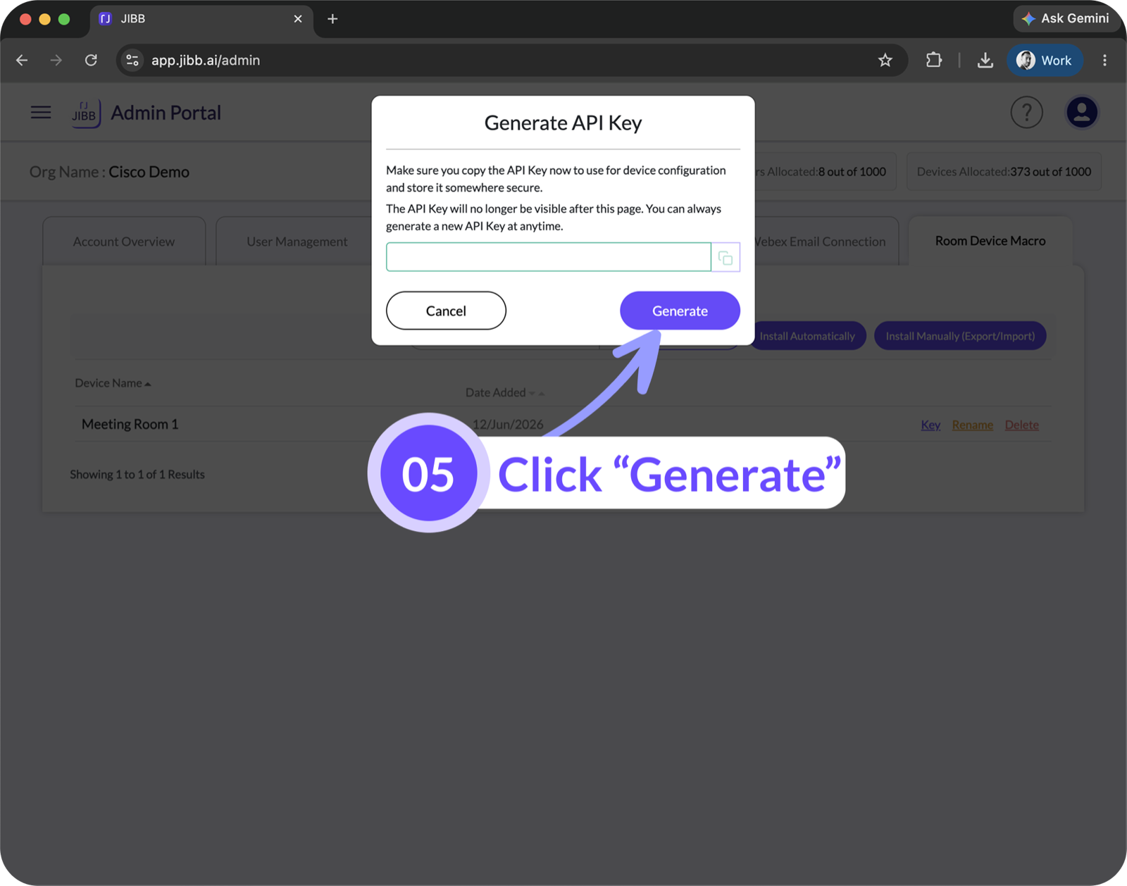 API key dialog in the JIBB Admin Portal with an arrow highlighting the Generate button.