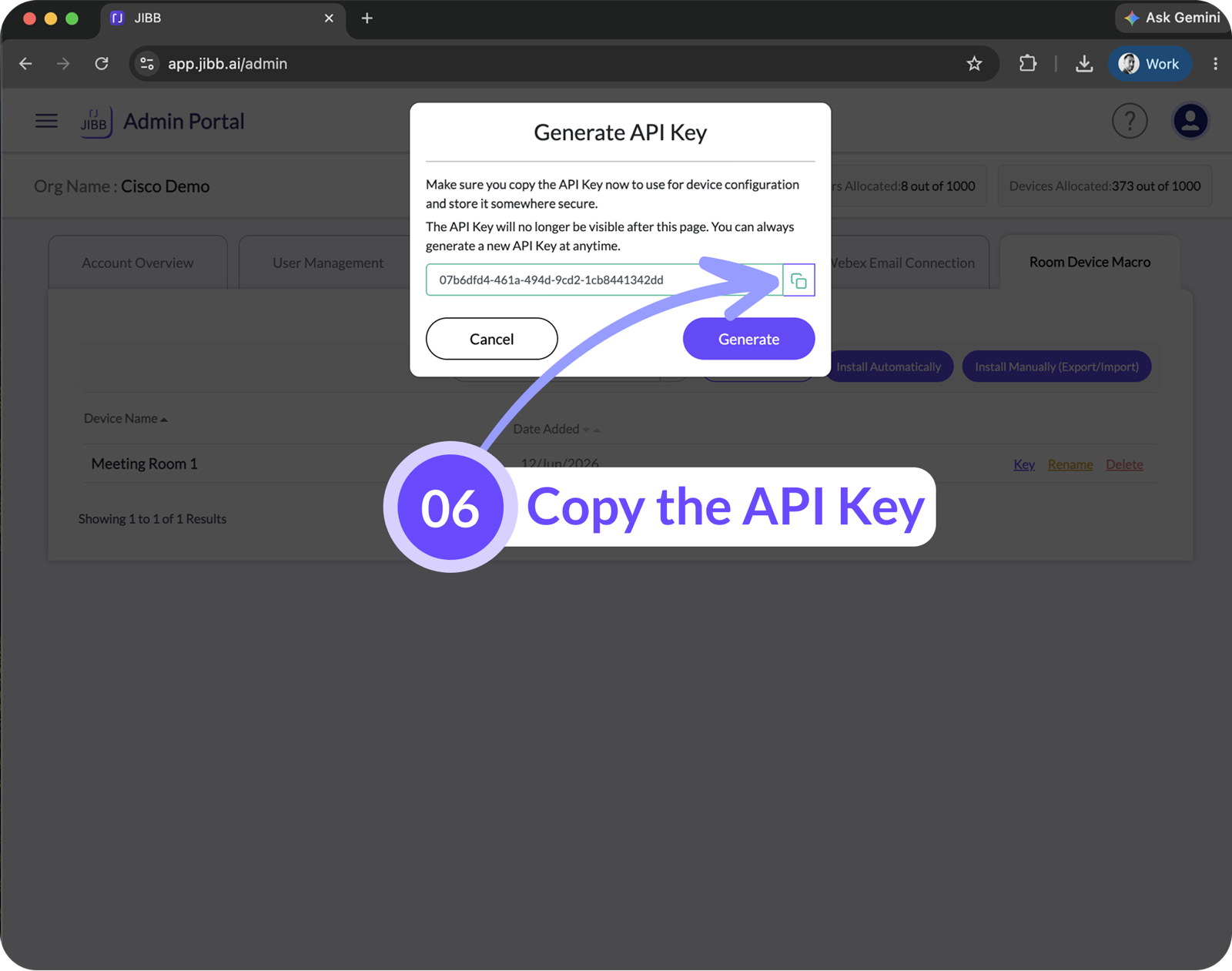 API key dialog with an arrow highlighting the button to copy the generated API key.