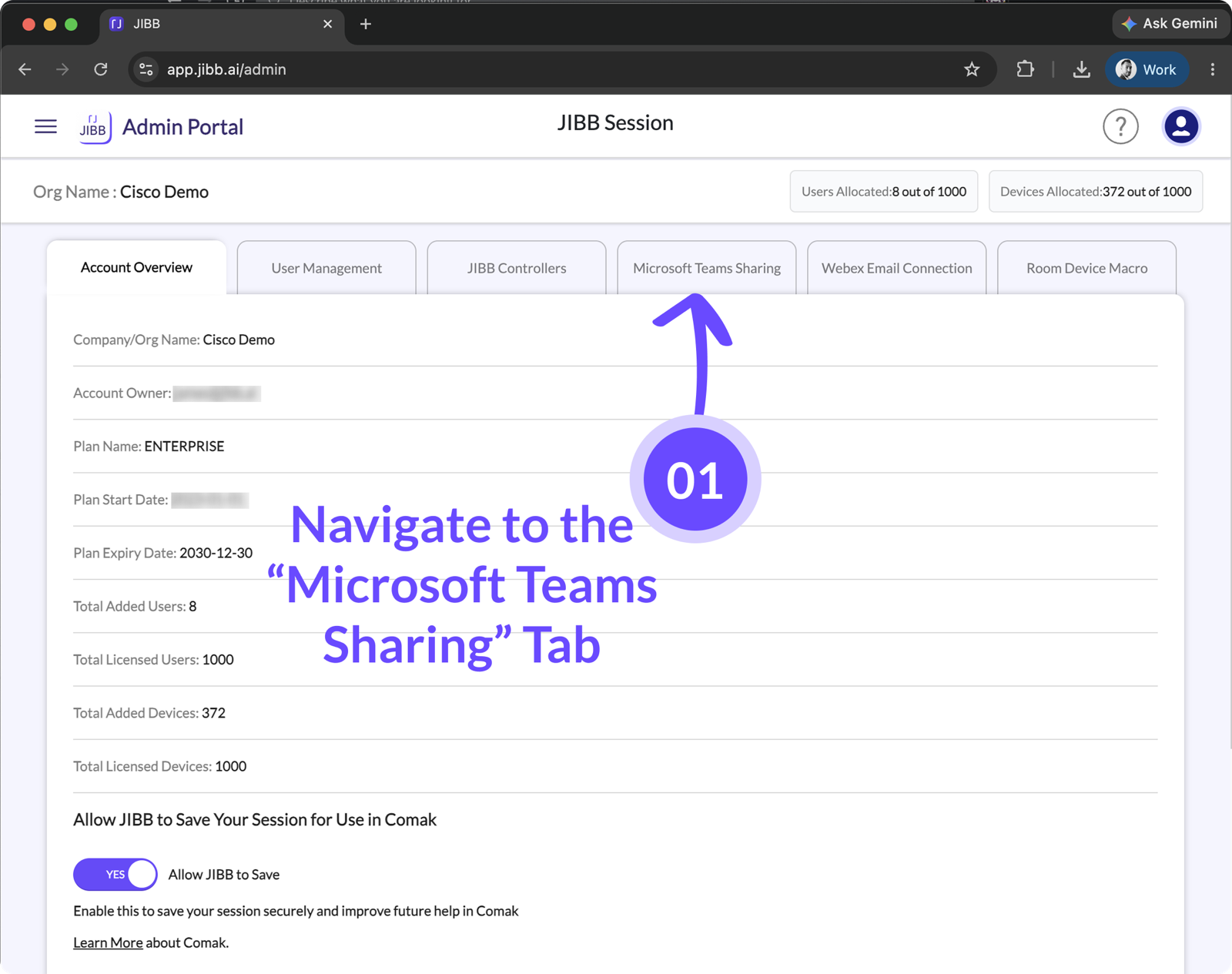 JIBB Admin Portal with an arrow pointing to the Microsoft Teams Sharing tab.