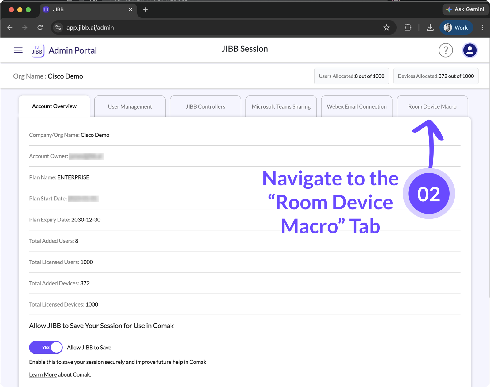 JIBB Admin Portal with an arrow pointing to the Room Device Macro tab.