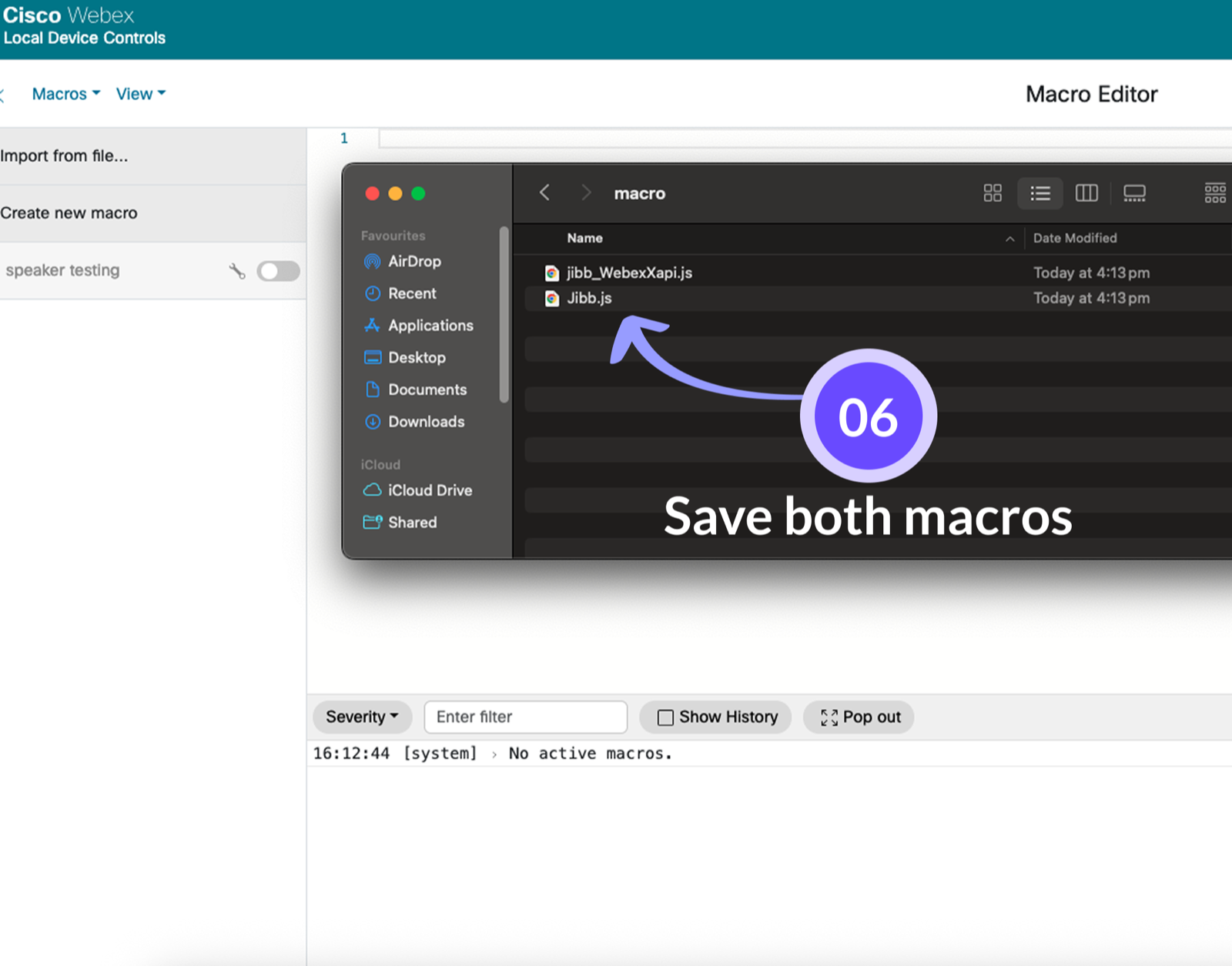Macro Editor showing both imported macros with the Save action highlighted.