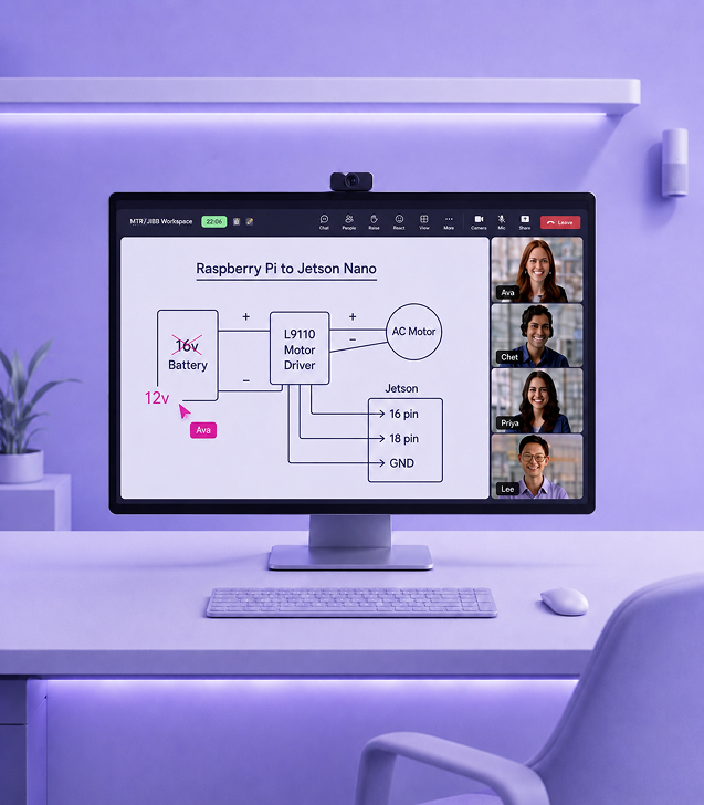 A desktop monitor showing the same whiteboard, crystal clear, inside a video call with remote participant tiles.
