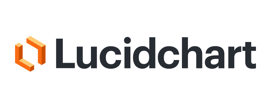 Lucidchart company logo with orange hexagonal design symbol and black text.